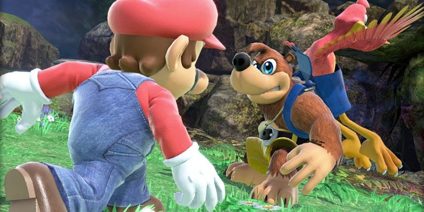Mario se aproxima de Banjo Kazooie na promoção de Super Smash Bros. Ultimate