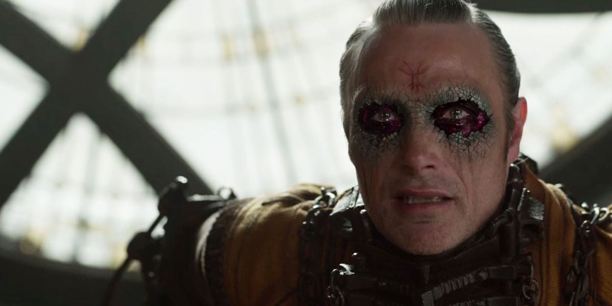 Mads Mikkelsen with bloodied eyes in Doctor Strange