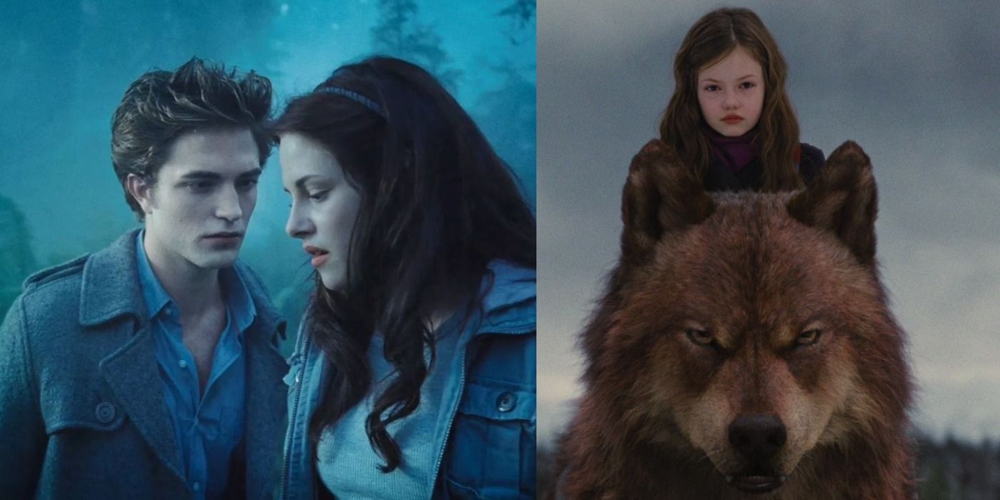 Split image of Edward looking at Bella and Renesmee riding Jacob in Twilight