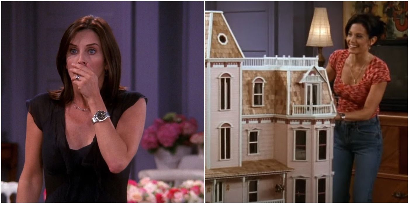 Monica on left, Monica with dollhouse on right in Friends split image