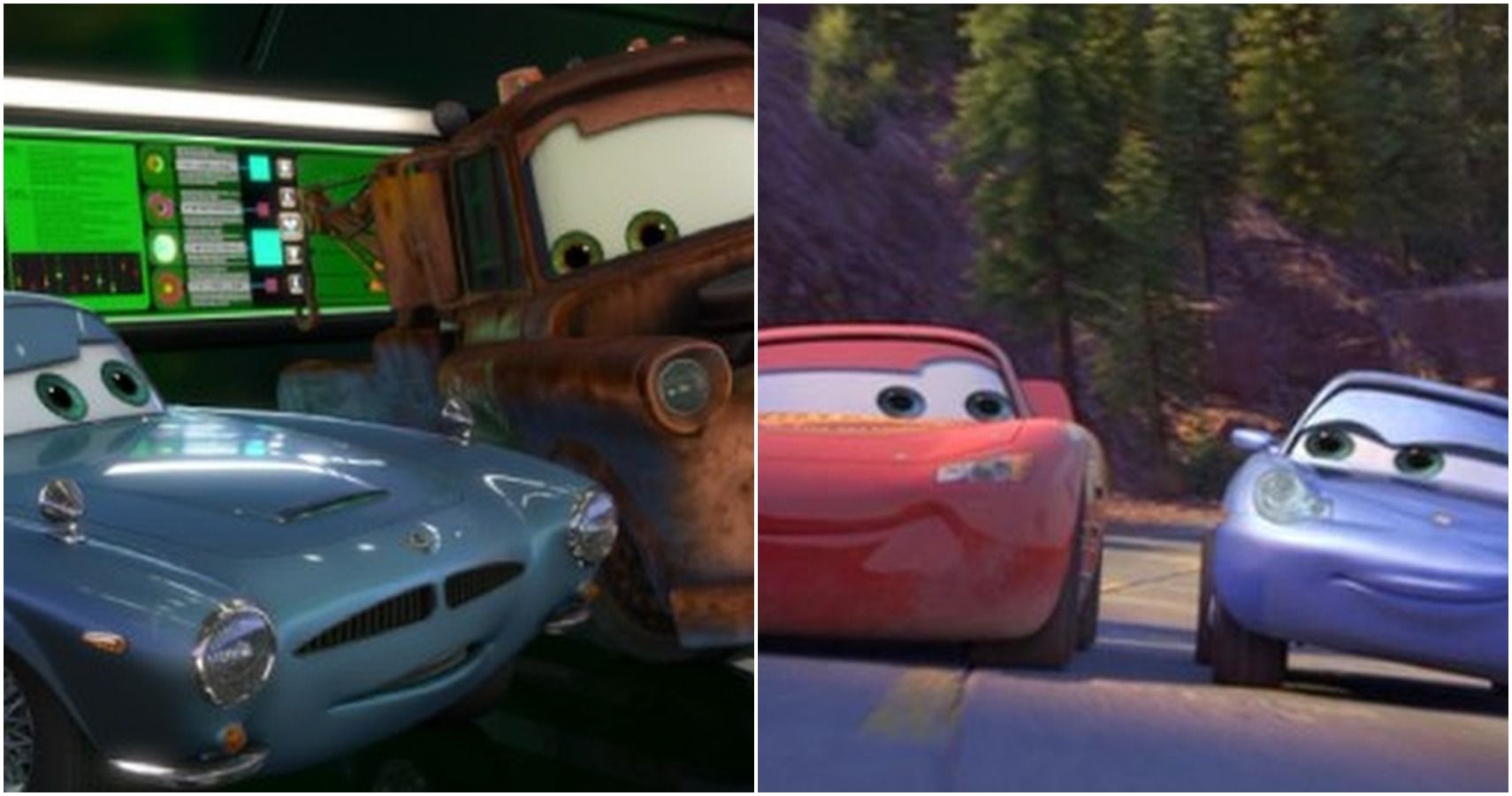 Finn and Mater on left, Sally and Lightning McQueen on right in Cars split image