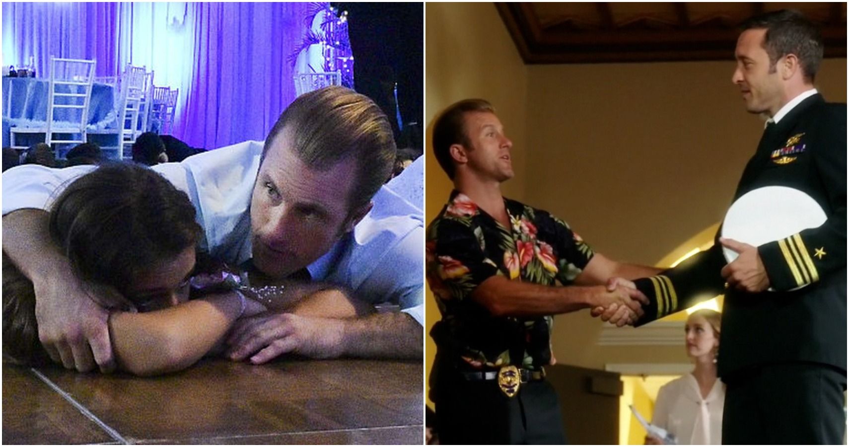 Danny with Grace on left, Danny with Steve on right Hawaii Five-0 split image