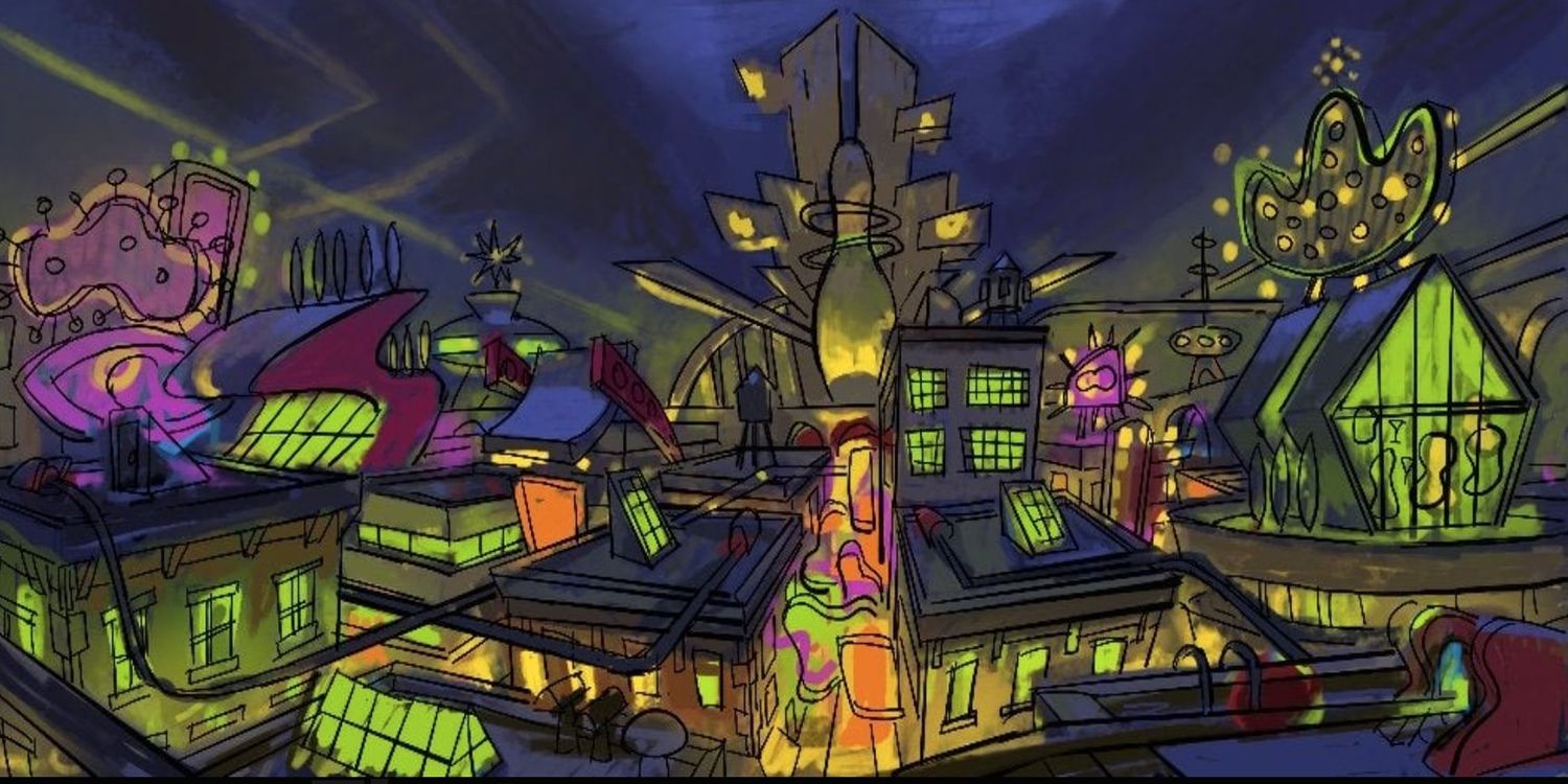 psychonauts 2 concept art. It shows images of the rooftops of buildings