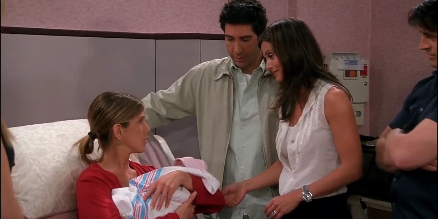 Rachel, Monica, and Ross at the hospital with the baby Fiends