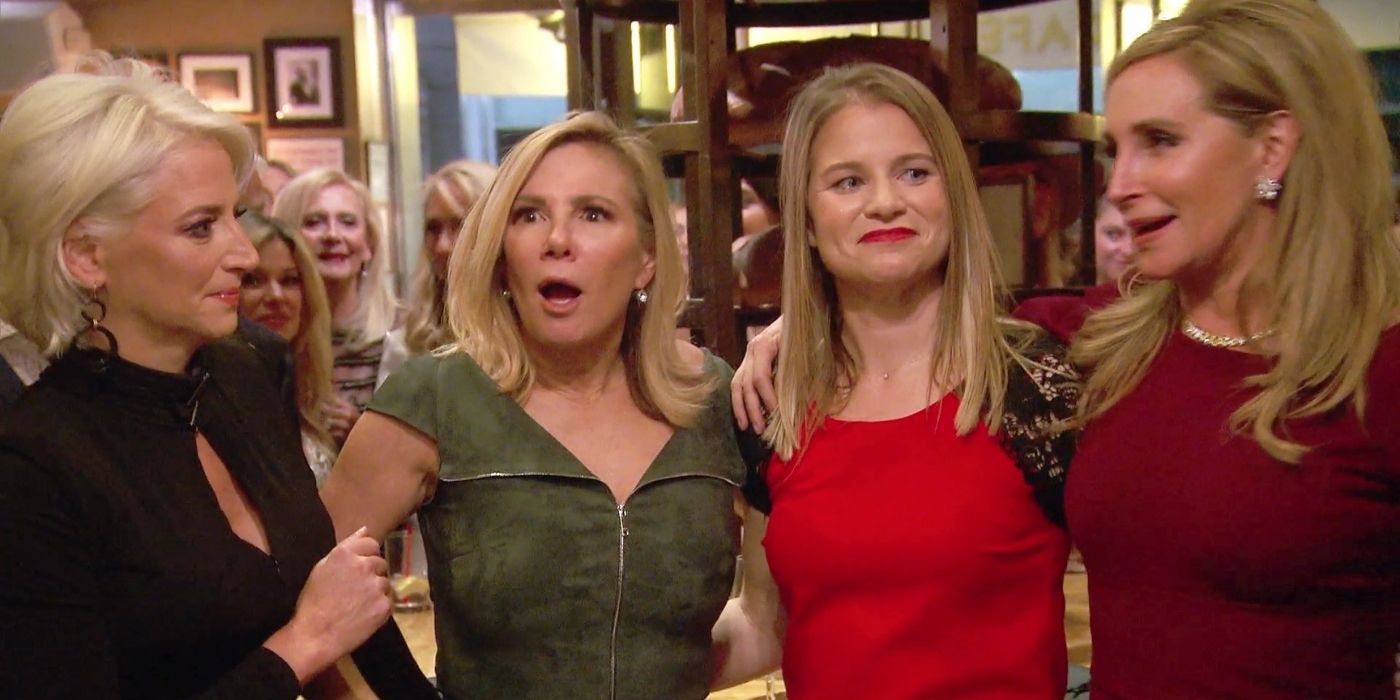 Ramona, Sonja, and Dorinda in the middle of a speech on RHONY
