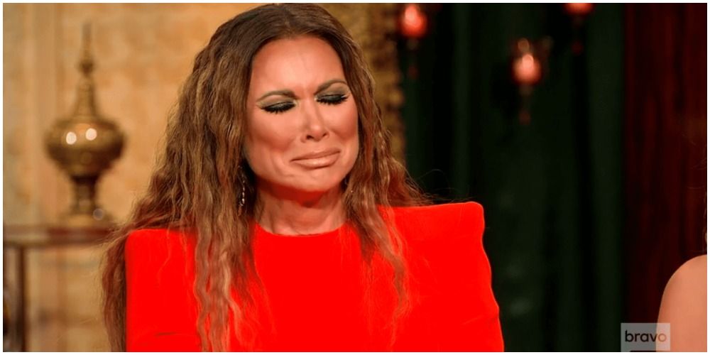 Real Housewives of Dallas reunion featuring LeeAnne Locken in a dress and a sad face