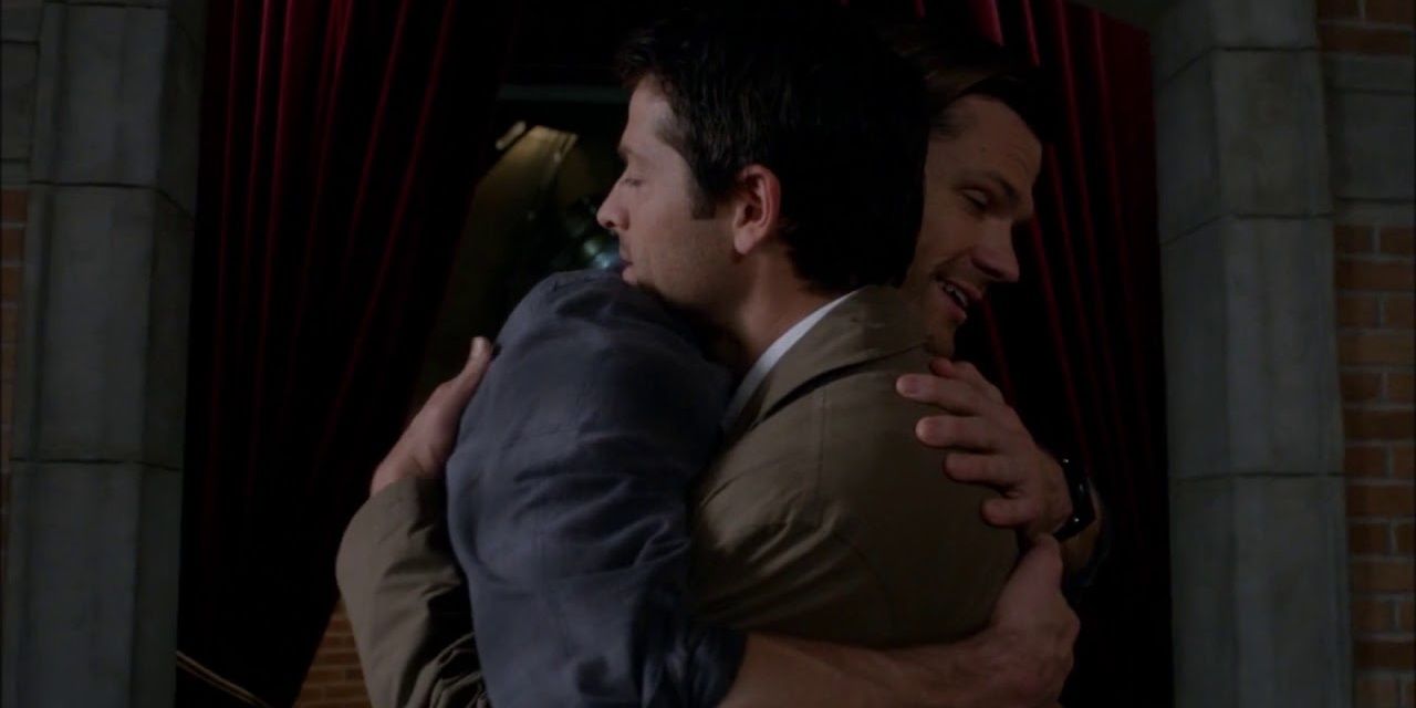 Sam and Castiel hug one another in Superntural