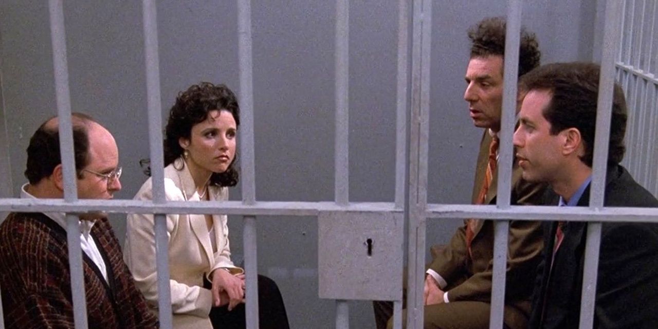 George, Elaine, Kramer, and Jerry in jail at the Seinfeld Finale