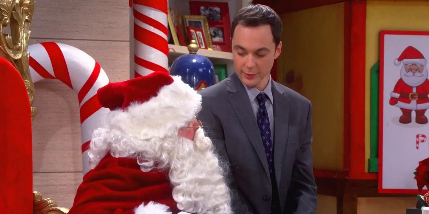 Sheldon sitting on Santa's lap on The Big Bang Theory.