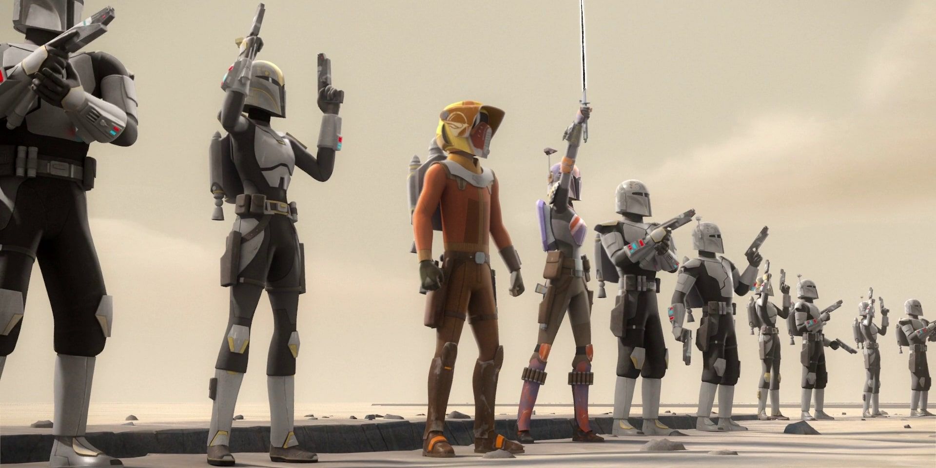 A group of Mandalorians in line in Star Wars