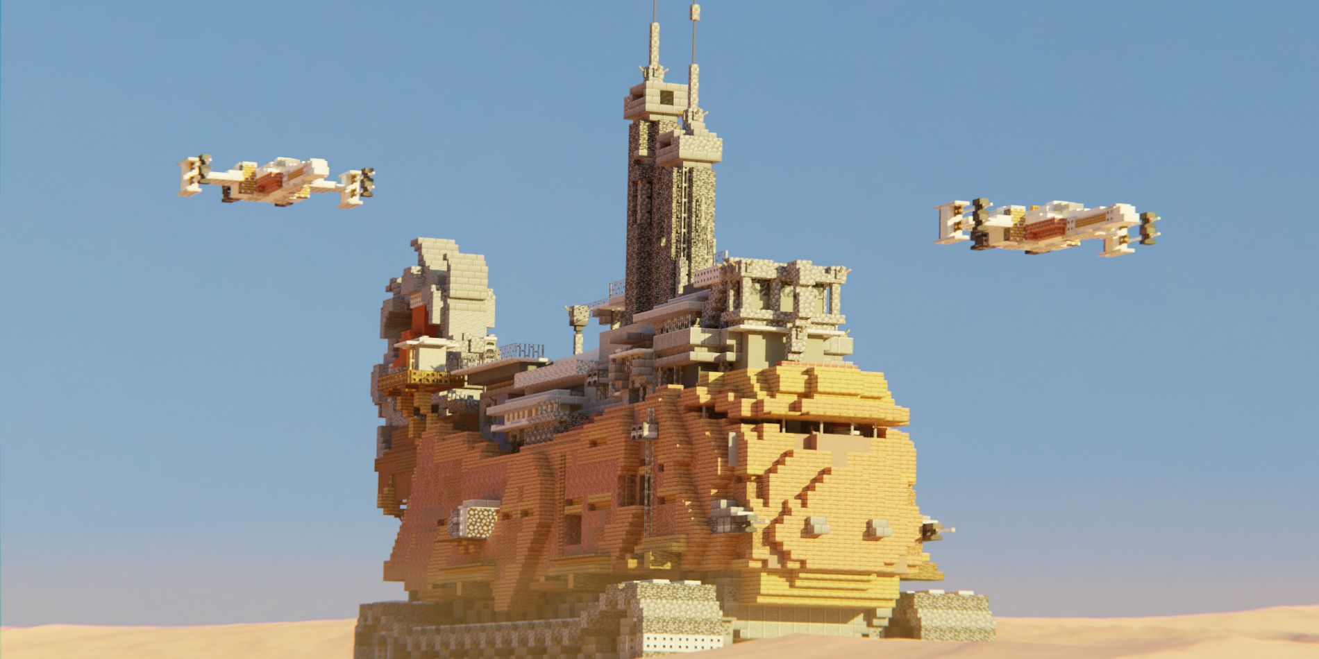 A Minecraft build of a Star Wars sandcrawler inspired vehicle with two x wings flying above.
