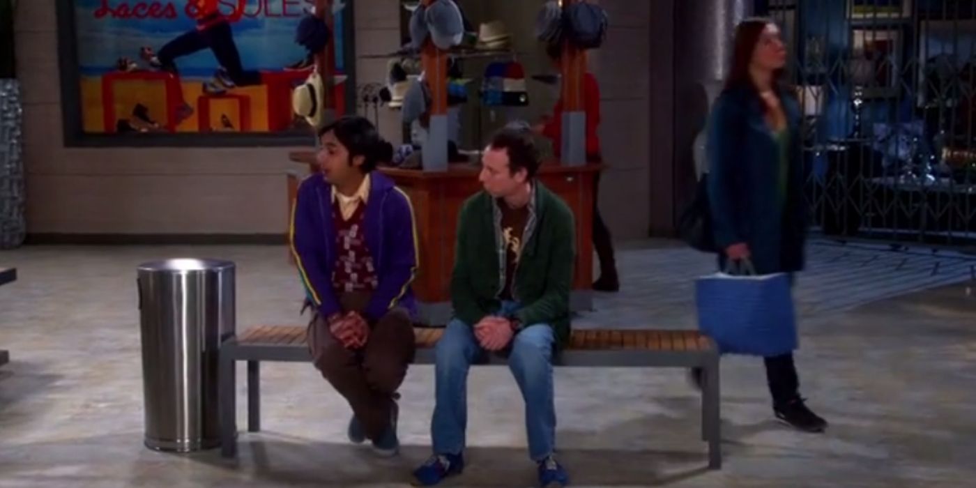 Stuart and raj sitting in the mall trying to meet women in the Big Bang theory