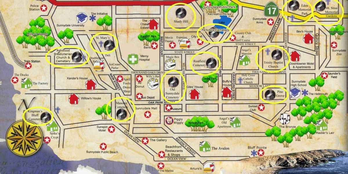 Map of all the cemeteries in Sunnydale