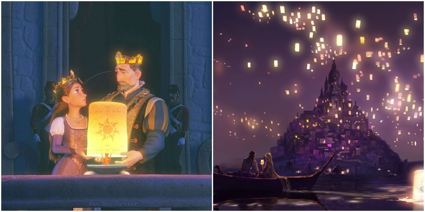 The king and queen lighting a lantern in Tangled