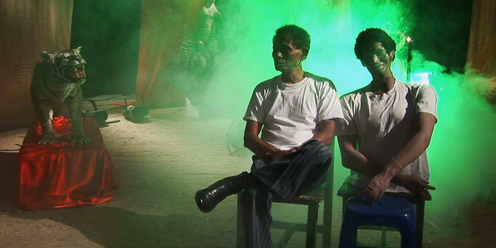 men in chairs with green smoke and tiger taxedermy 