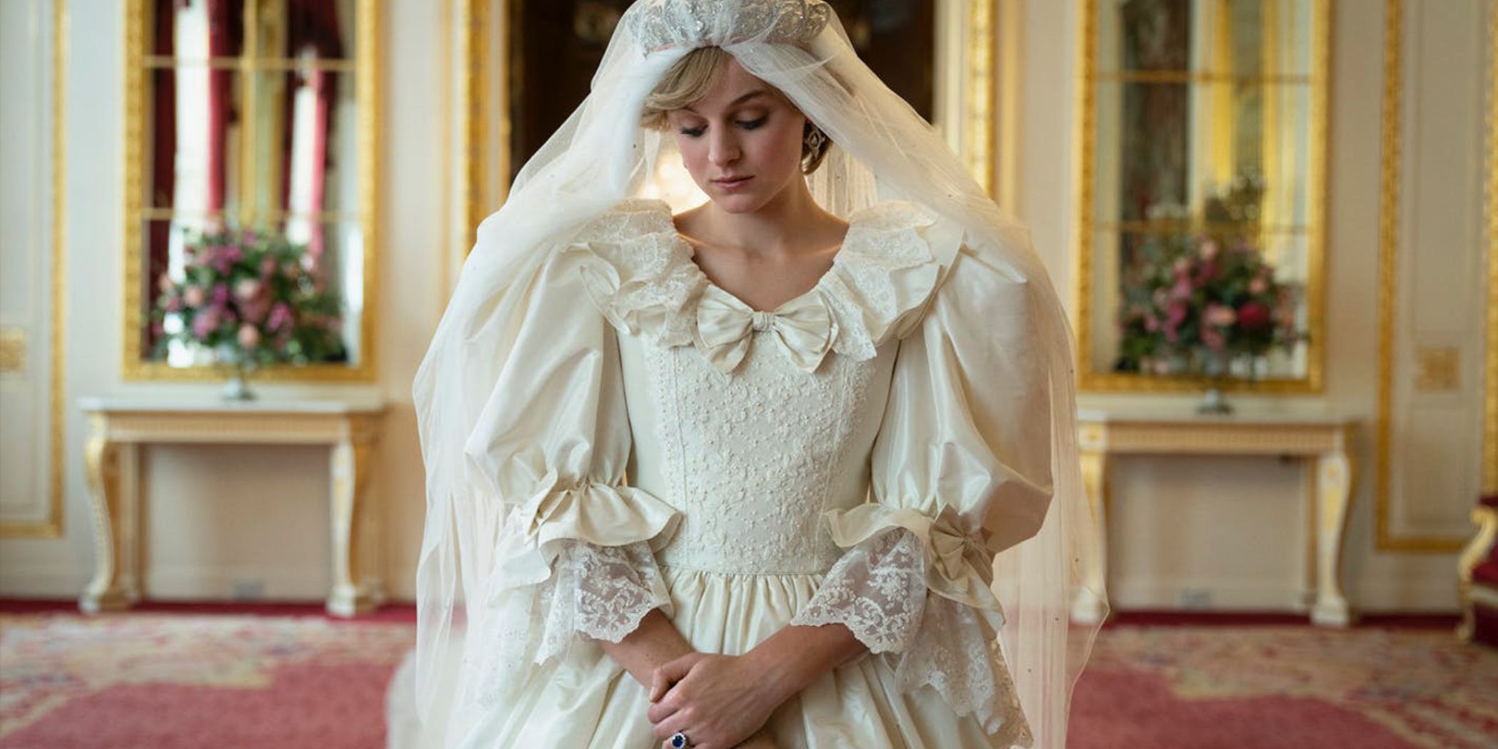 Diana looking sad in her wedding dress in The Crown