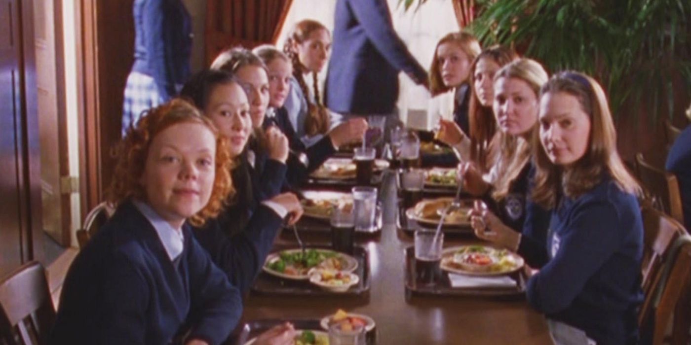 Francie and the Puffs sitting at a lunch table at Chilton on Gilmore Girls