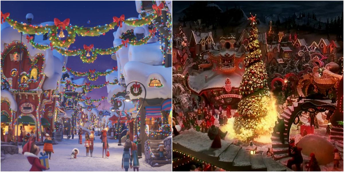 Whoville decorated for Christmas in animated and live-action
