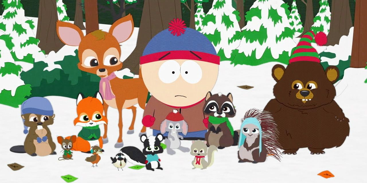 A still of the South Park episode Woodland Critter Christmas.