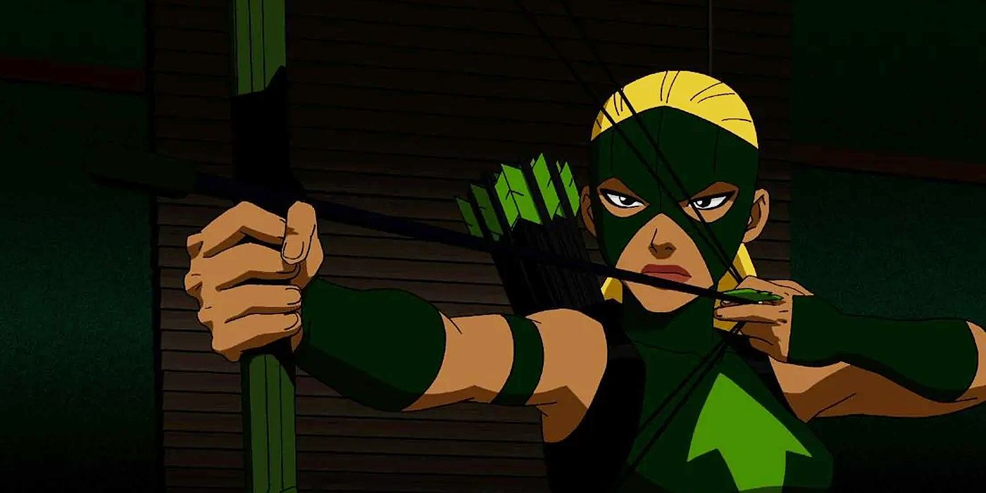Artemis poiting her bow and arrow in Young Justice