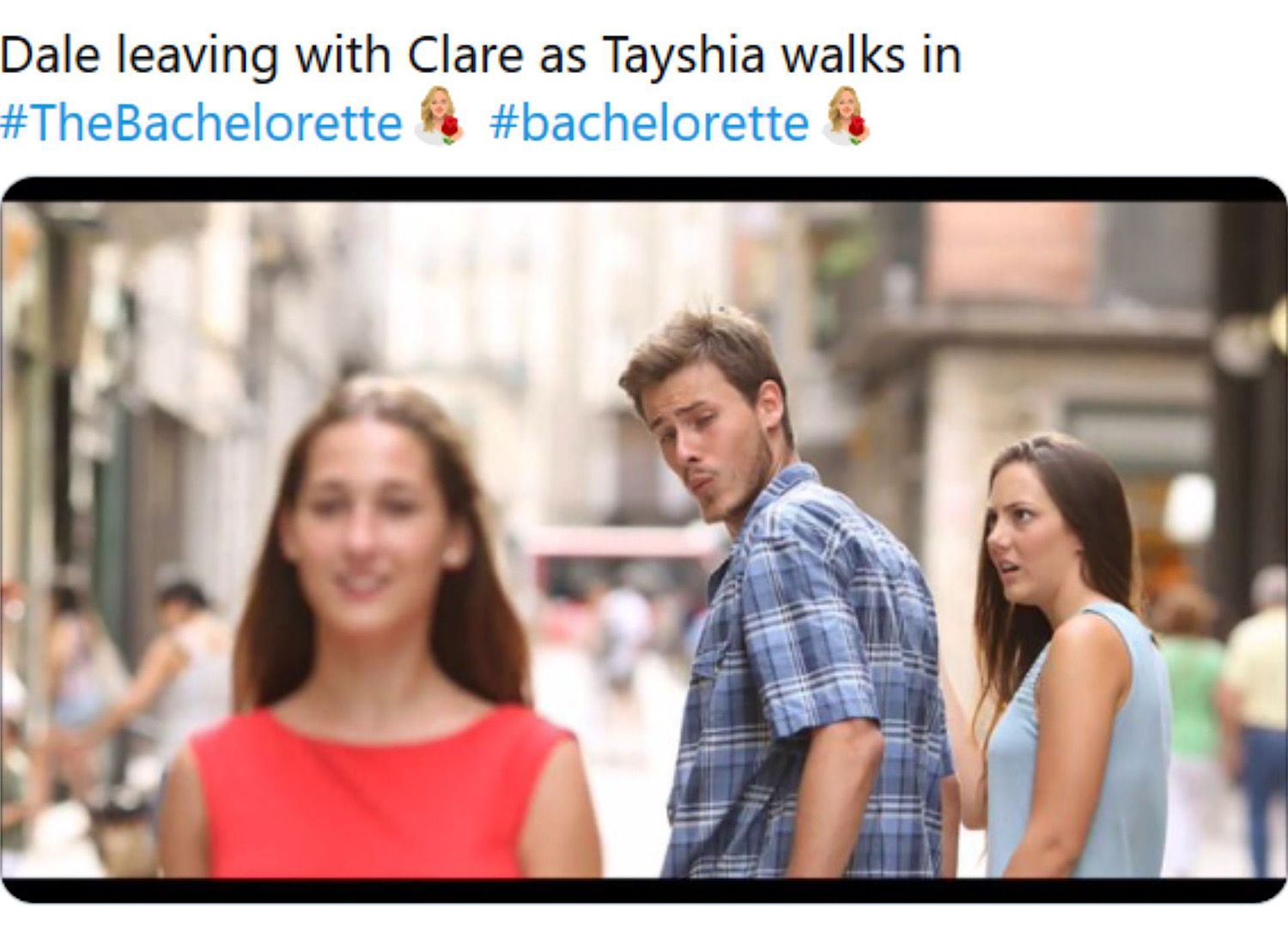 A man with his girlfriend checks out another woman in a a meme about Dale, Clare and Tayshia on The Bachelorette