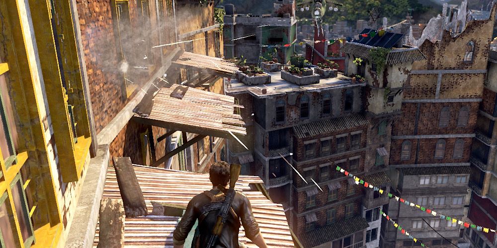 Drak on rooftops in Nepal in Uncharted 2: Among Thieves