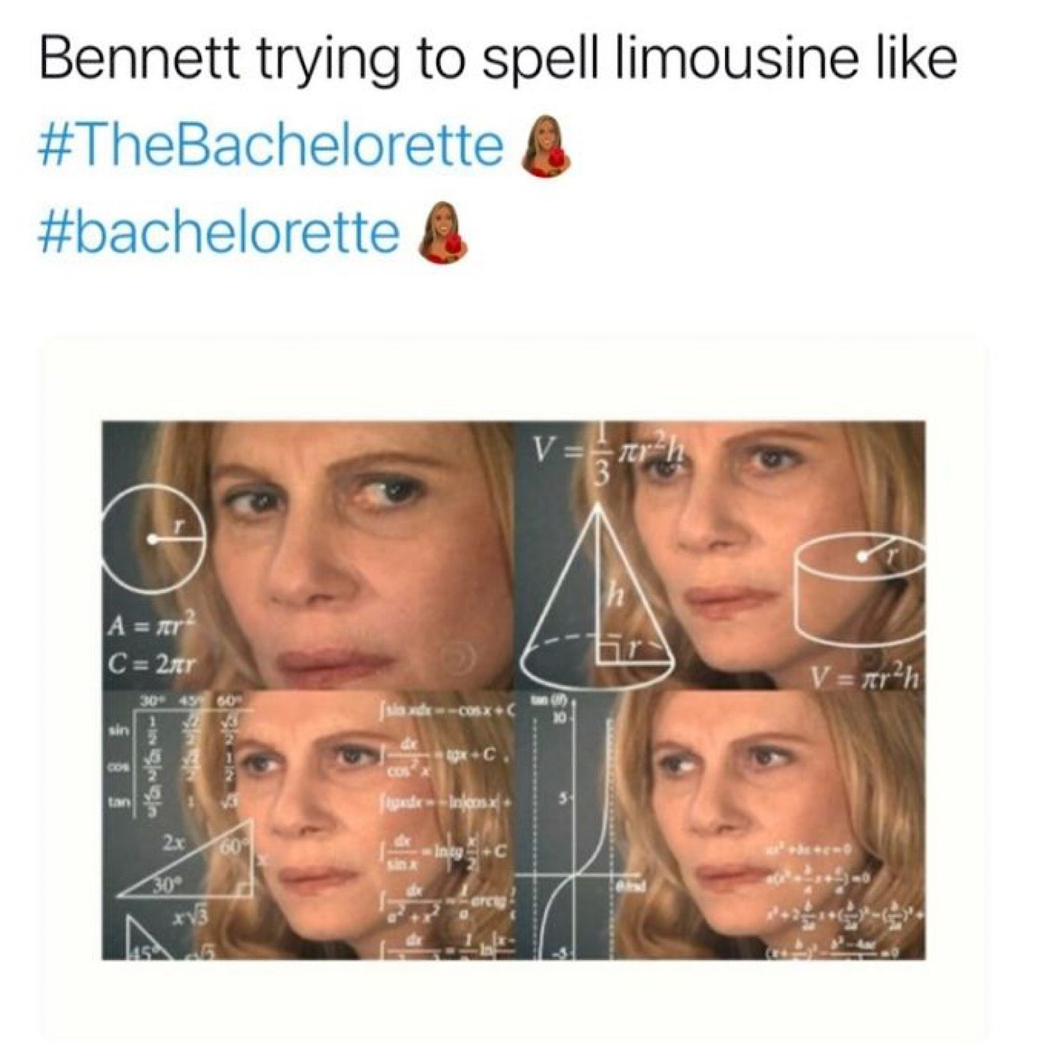 A woman puzzles over a math problem in a meme about Bennett on The Bachelorette