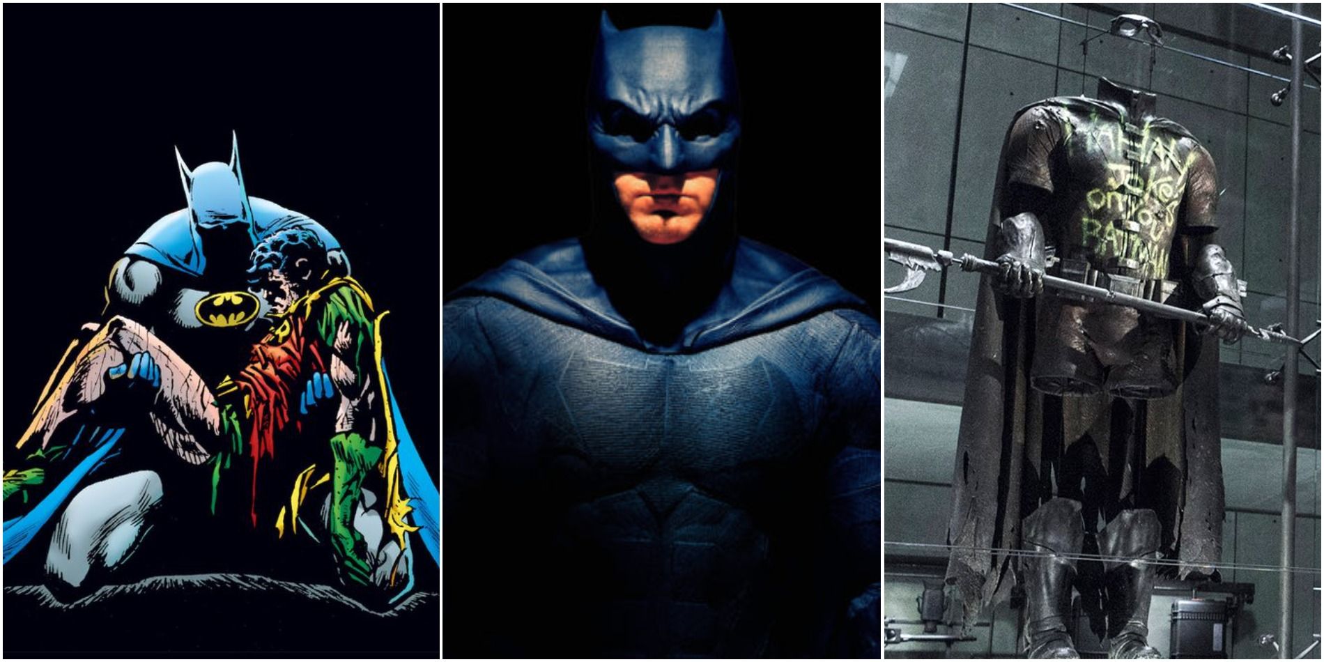 Cover art for A Death in the Family by Jim Starlin, promo shot of Affleck as Batman for 2017's Justice League and a still of Robin's suit in Batman v Superman