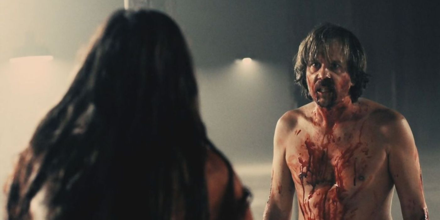 Milos is covered in blood in A Serbian Film