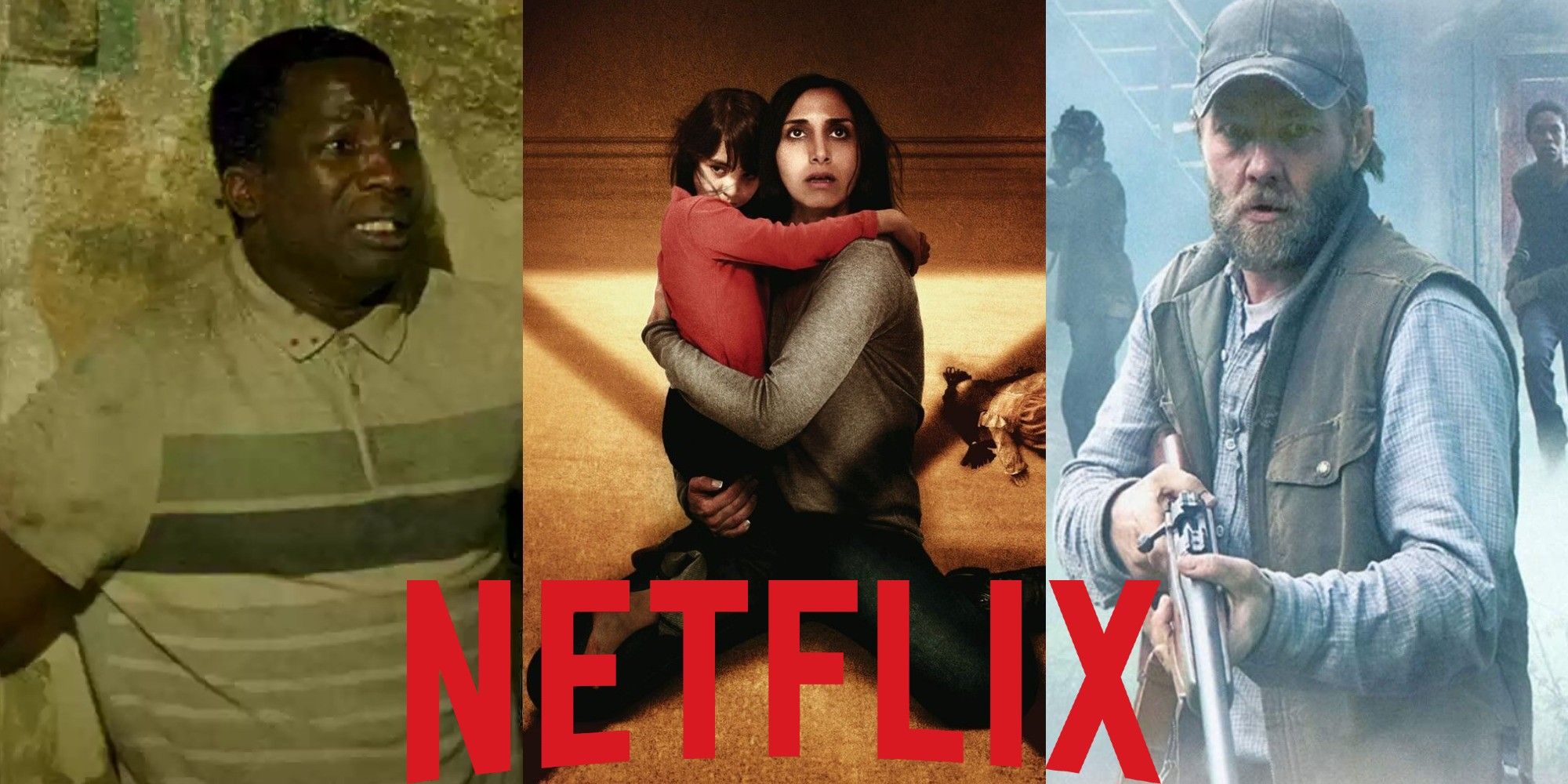 A collage of main characters from promo images of His House, Under the Shadow, and It Comes At Night with the Netflix logo on top