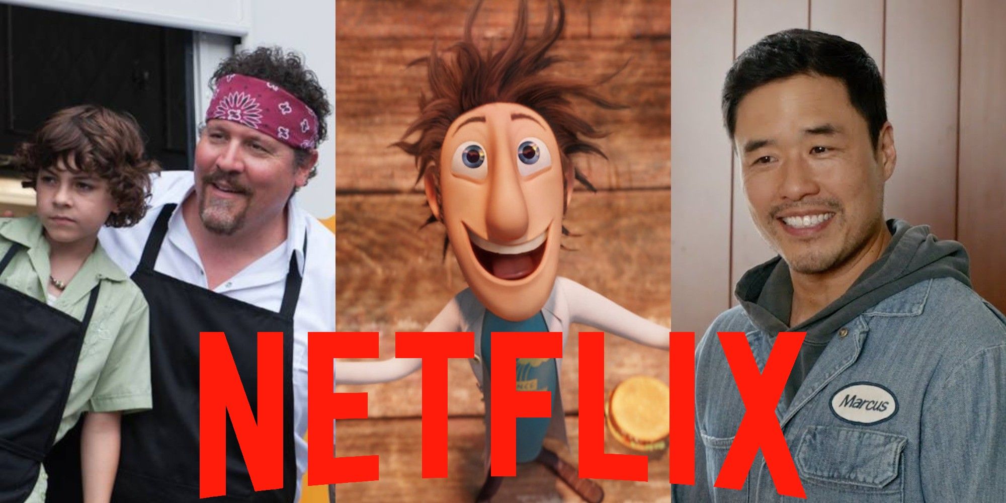 A collage of the faces of the main characters of Chef, Cloudy with a Chance of Meatballs and Always Be My Maybe all smiling with a Netflix logo over the top