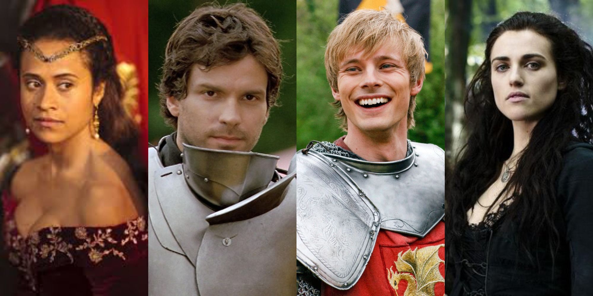 A split image of Gwen, Lancelot, Arthur and Morgana in Merlin
