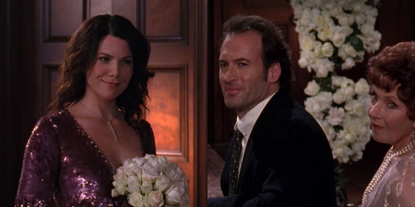 A split image of Luke and Lorelai longingly looking at each other at a wedding on Gilmore Girls
