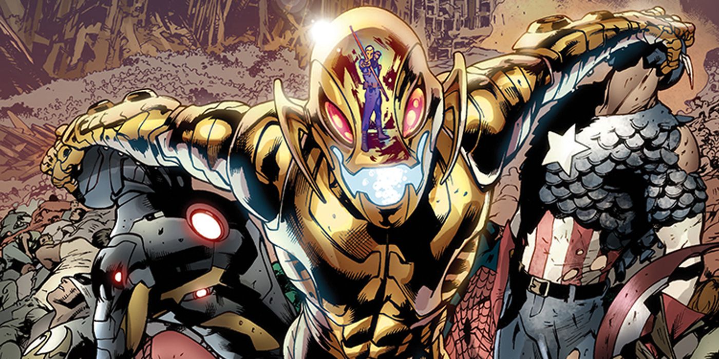 Ultron ataca os Vingadores com o Gavião Arqueiro refletido em sua testa na Marvel Comics