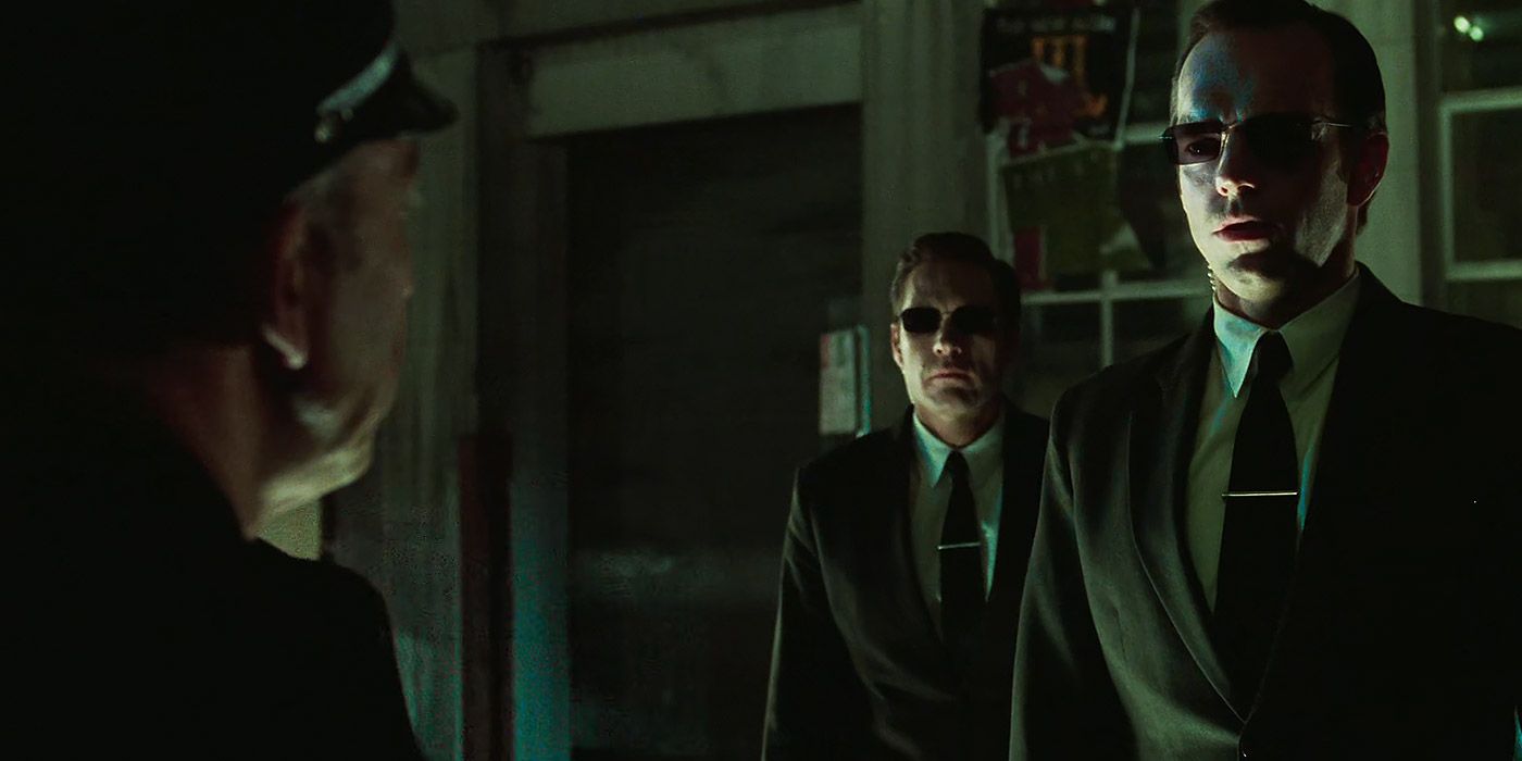 Agent Smith dresses down a police lieutenant at the beginning of The Matrix