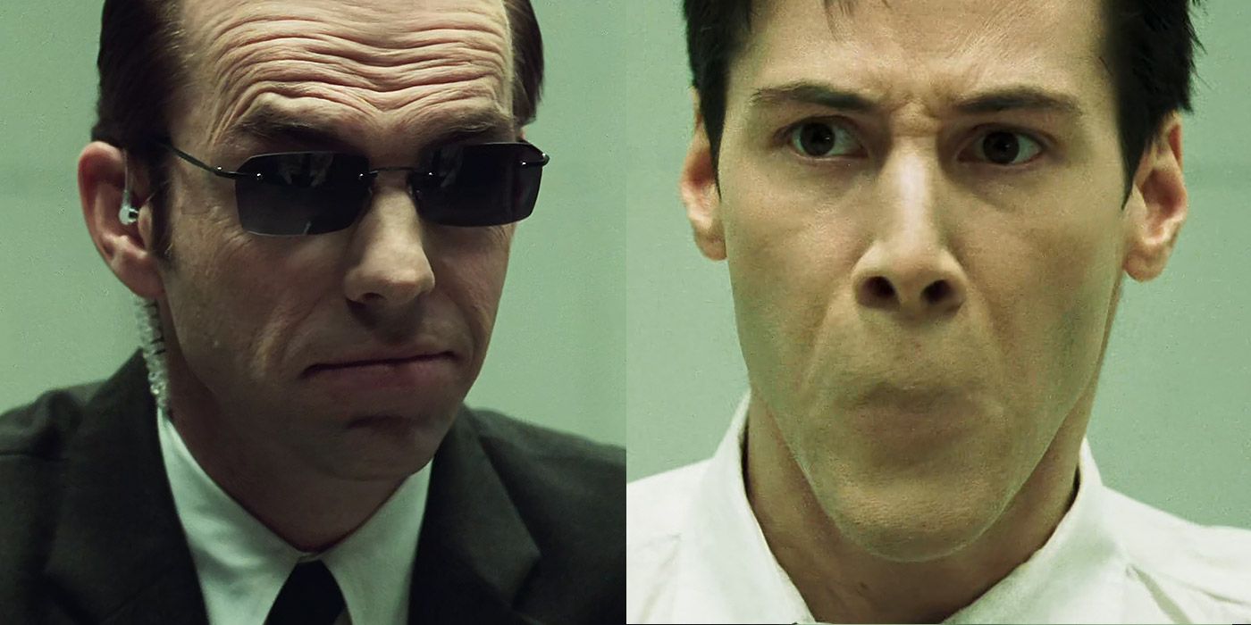 Agent Smith erases Neo's mouth in The Matrix
