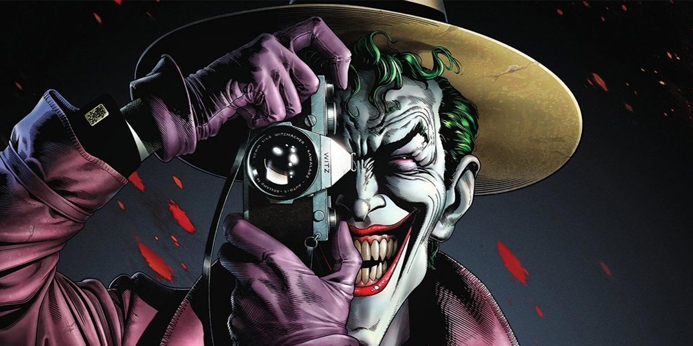 Joker taking a photo on the cover for Killing Joke