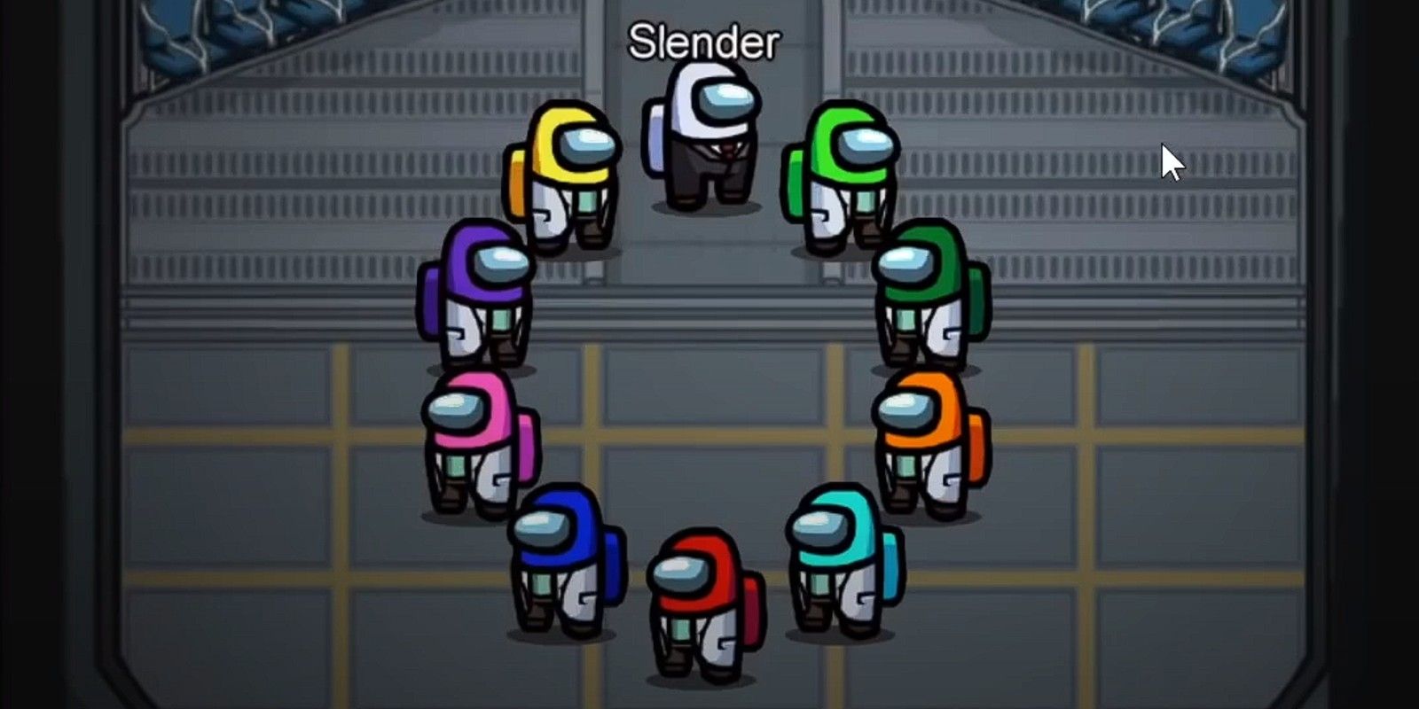 Players stand in a circle near the character chosen to be Slender Man using the Slender Man Mod for Among Us