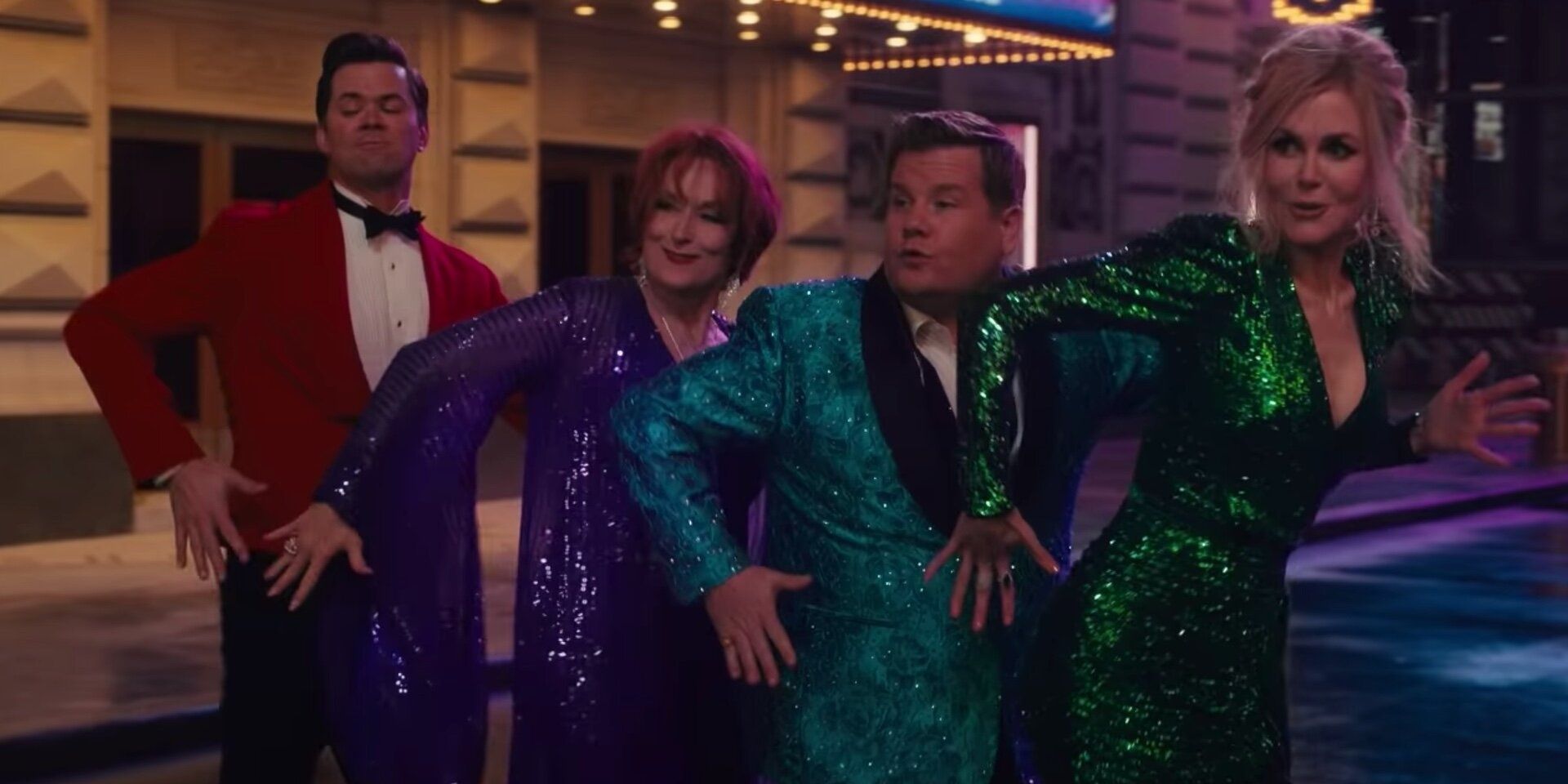 Andrew Rannell as Trent + Meryl Streep as Dee Dee + James Corden as Barry + Nicole Kidman as Angie in The Prom