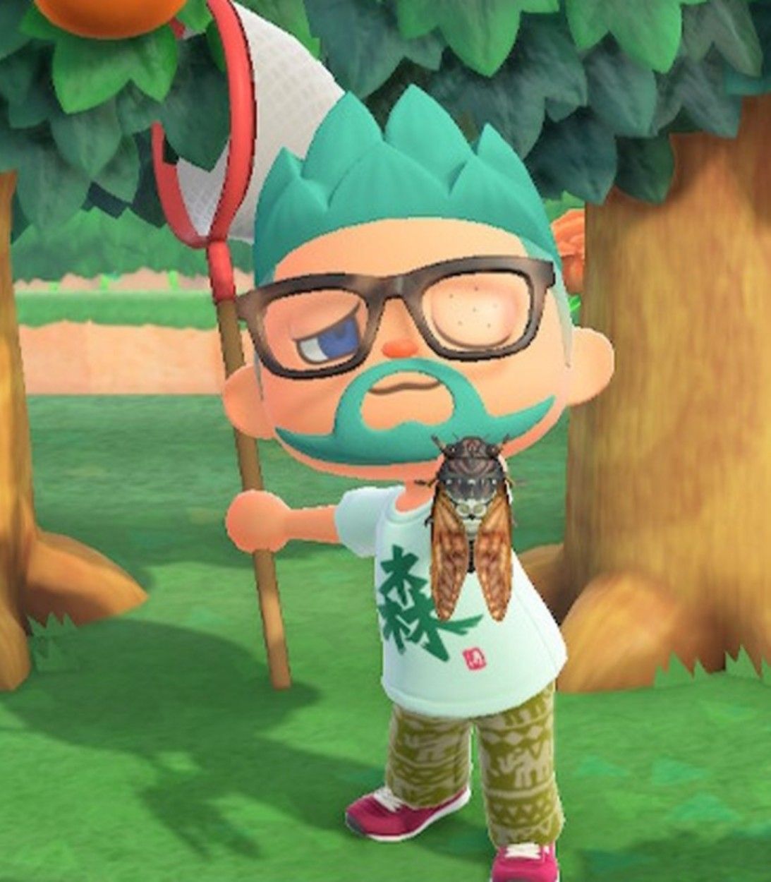 A player catches a Brown Cicada in Animal Crossing: New Horizons
