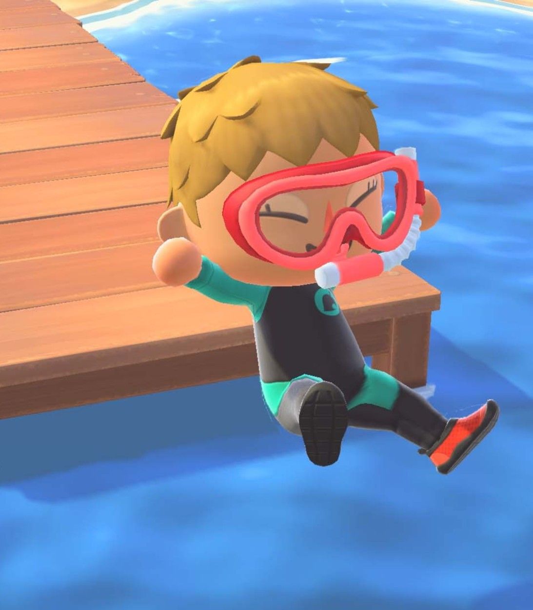 A player in a snorkel and wetsuit dives off the pier into the ocean in Animal Crossing: New Horizons