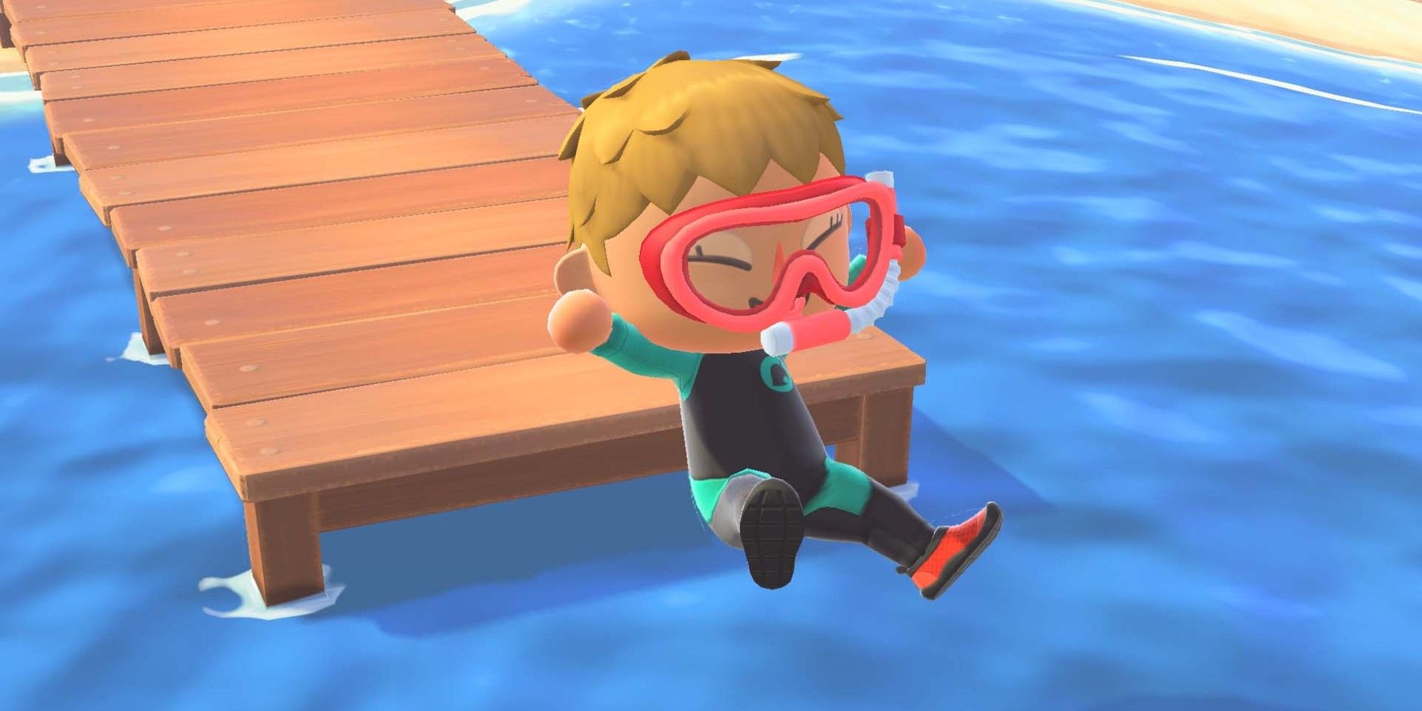 A player in a snorkel and wetsuit dives off the pier into the ocean in Animal Crossing: New Horizons