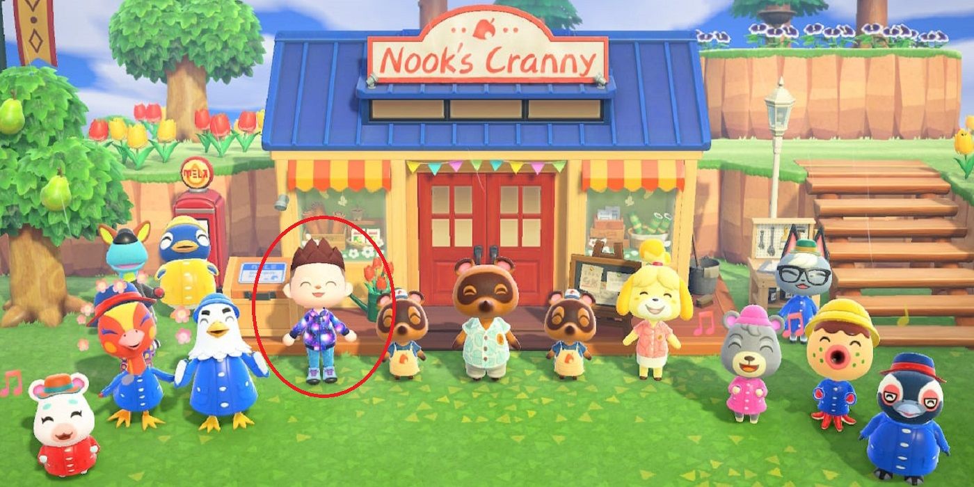 The player and many villagers standing in front of Nook's Cranny in Animal Crossing New Horizons.