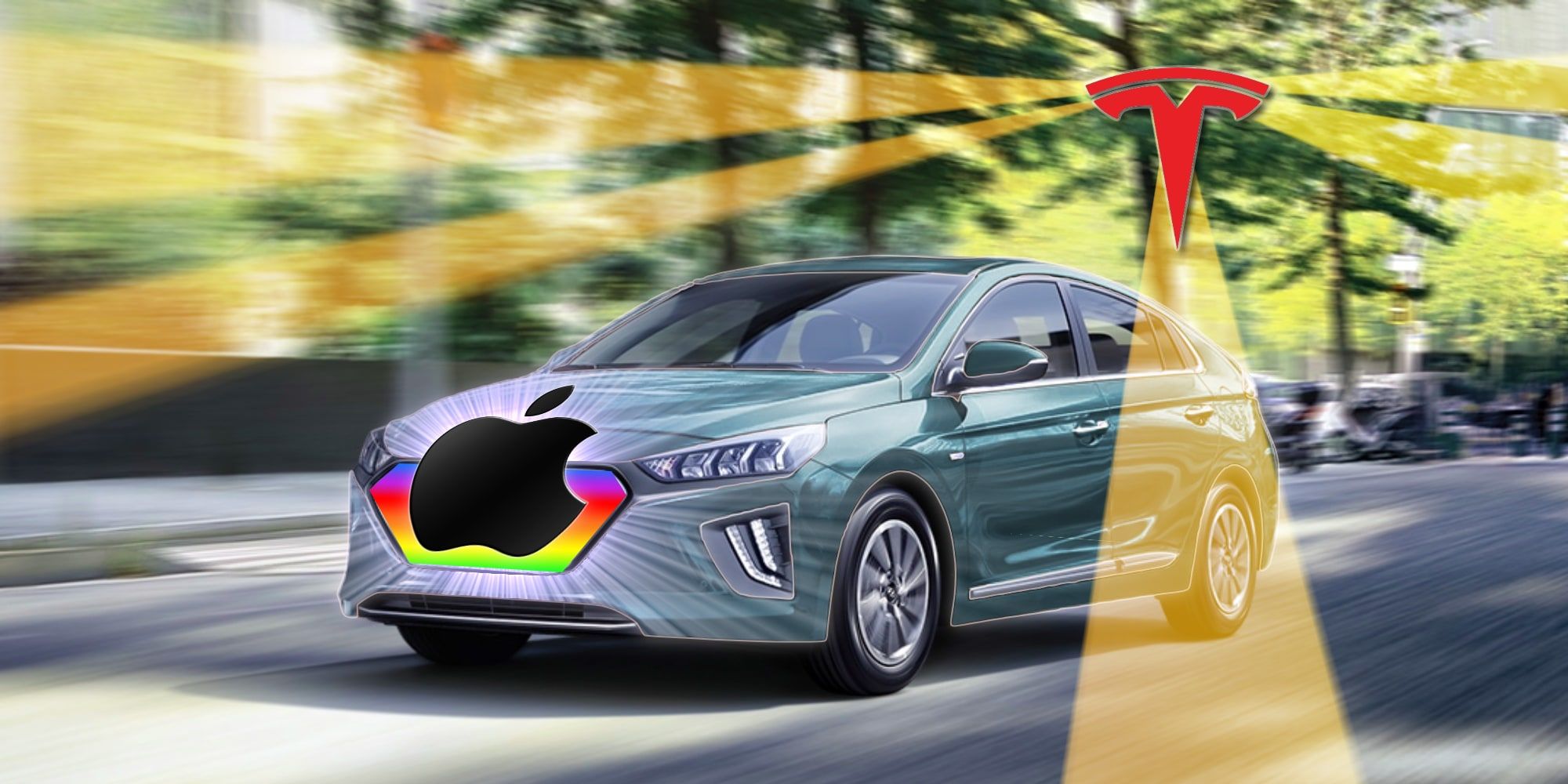 Apple Car Concept With Tesla Logo Casting Rays