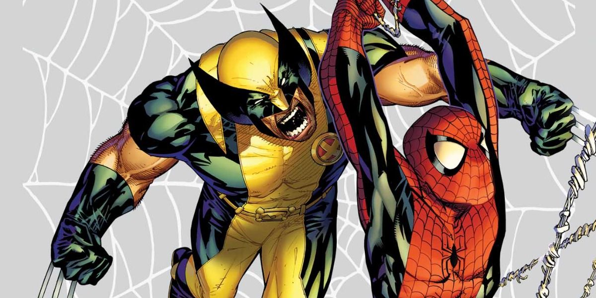 Wolverine screaming and charging at Spider-Man who is swinging from a web in Marvel comics
