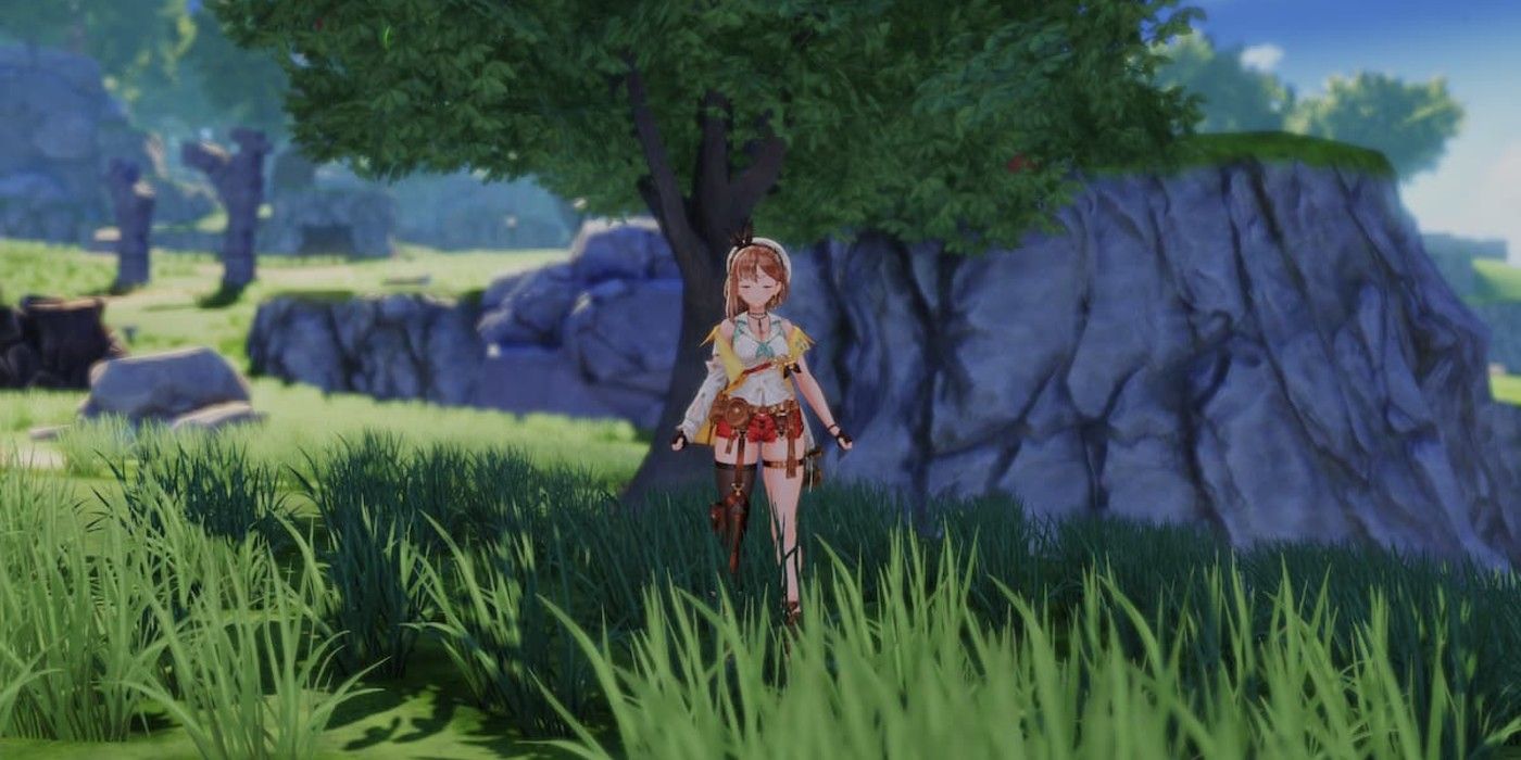 Ryza gathers resources for crafting in a field in Atelier Ryza 2