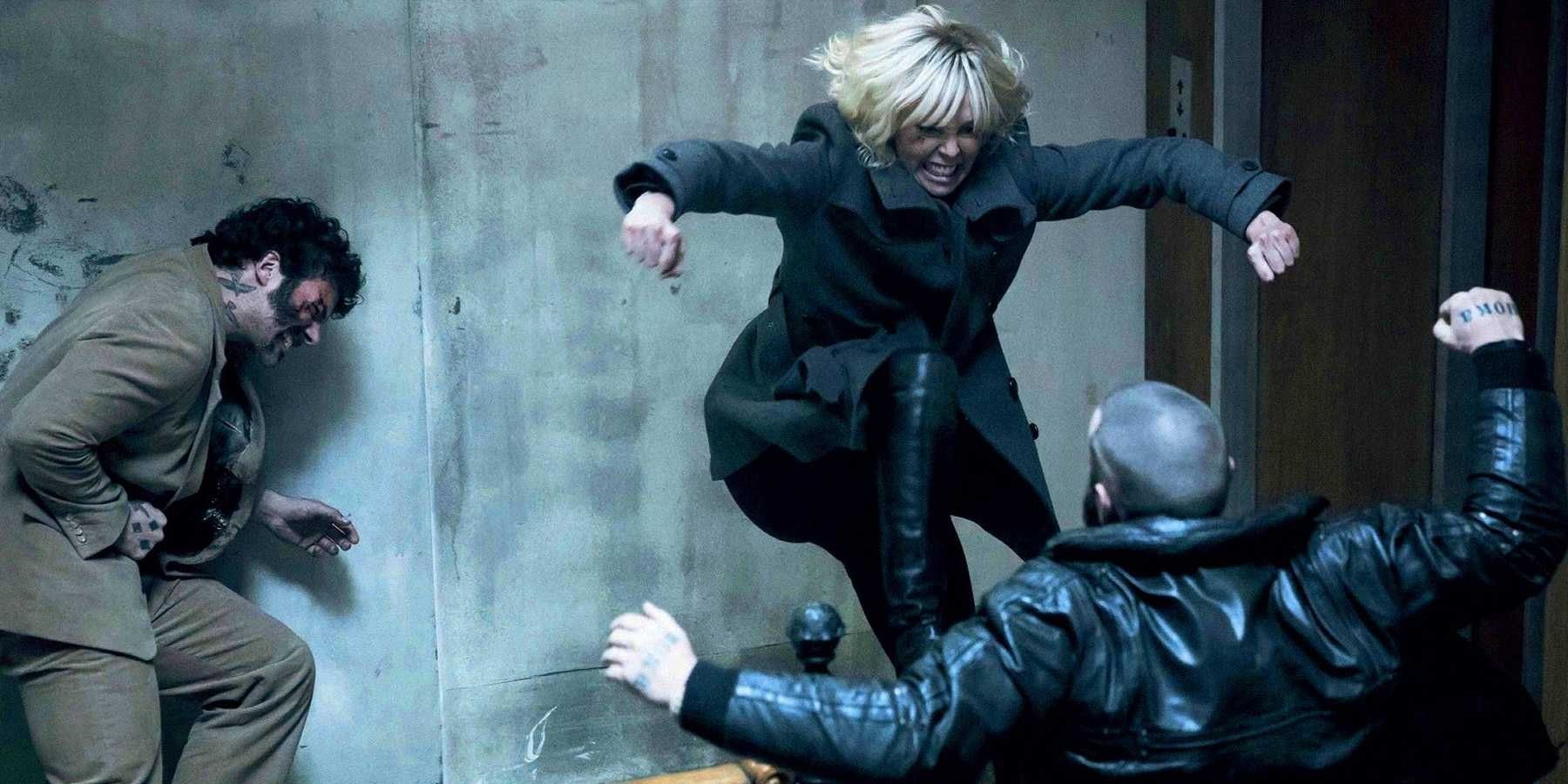 Lorraine fights two Russian mobsters on a stairwell in Atomic Blonde