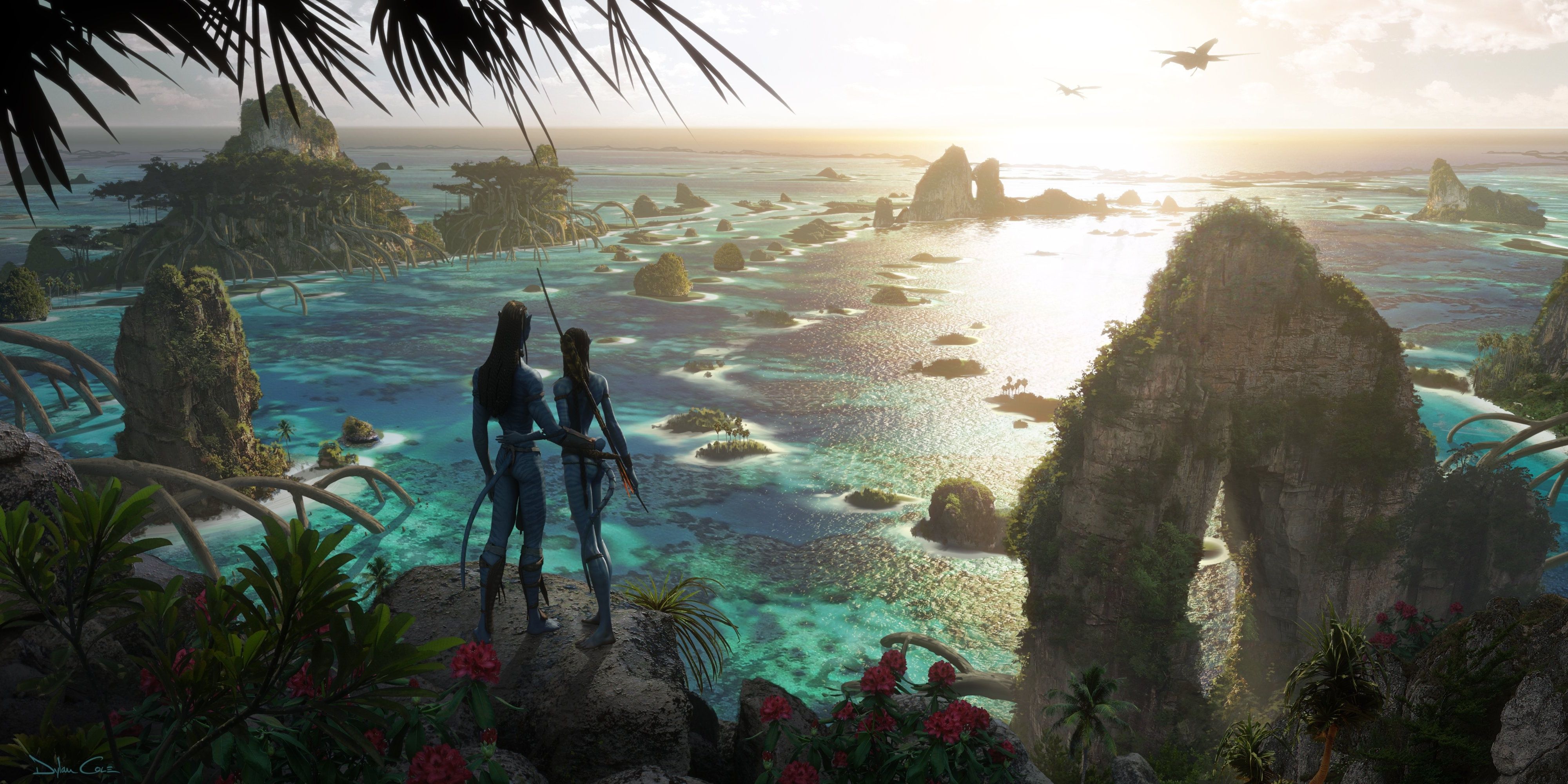 The navi looking across an ocean landscape on Pandora in Avatar 