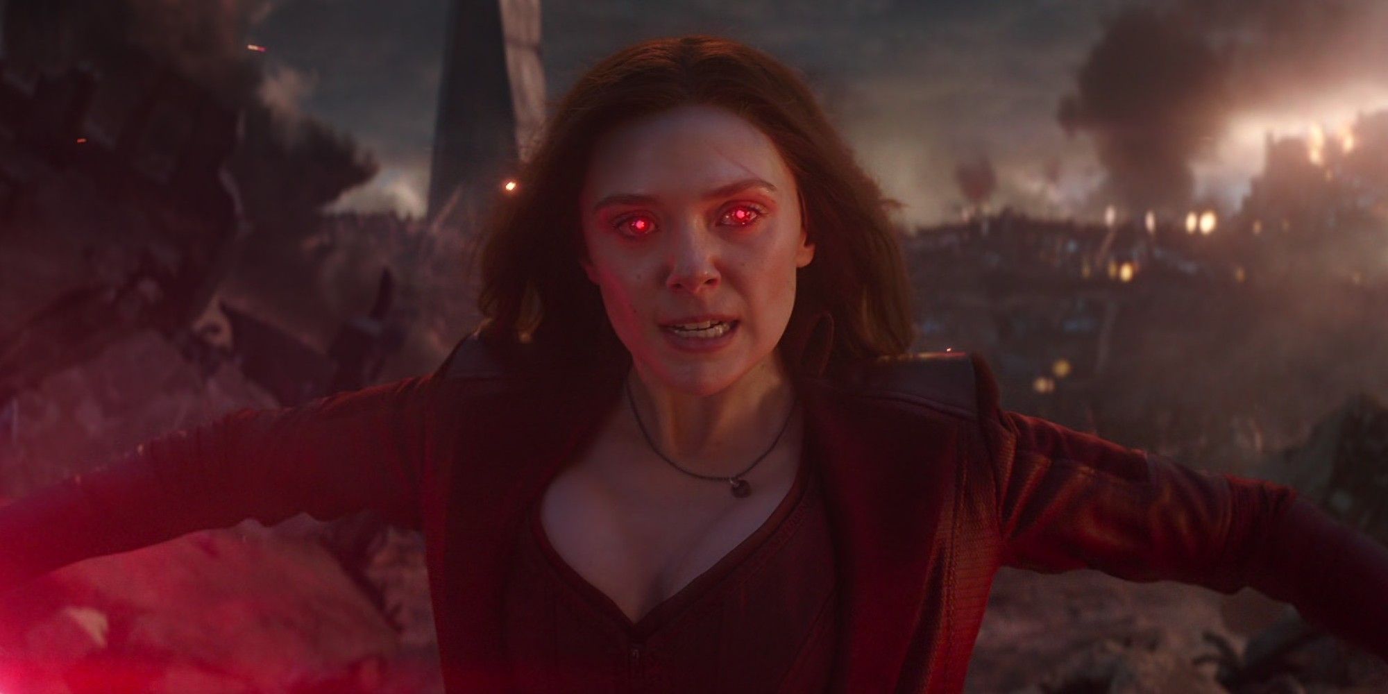 Wanda looks angry and uses her powers against Thanos in Avengers: Endgame
