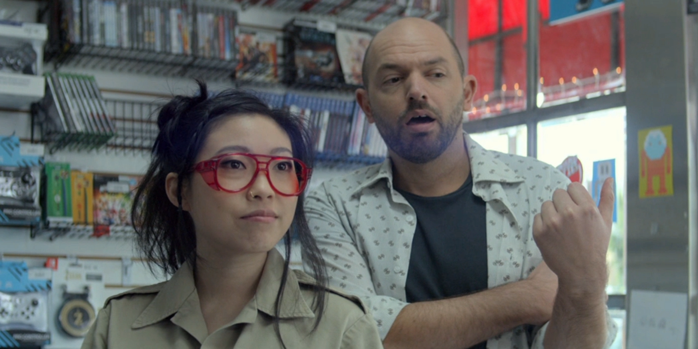 Awkwafina's character inside a store in Future Man
